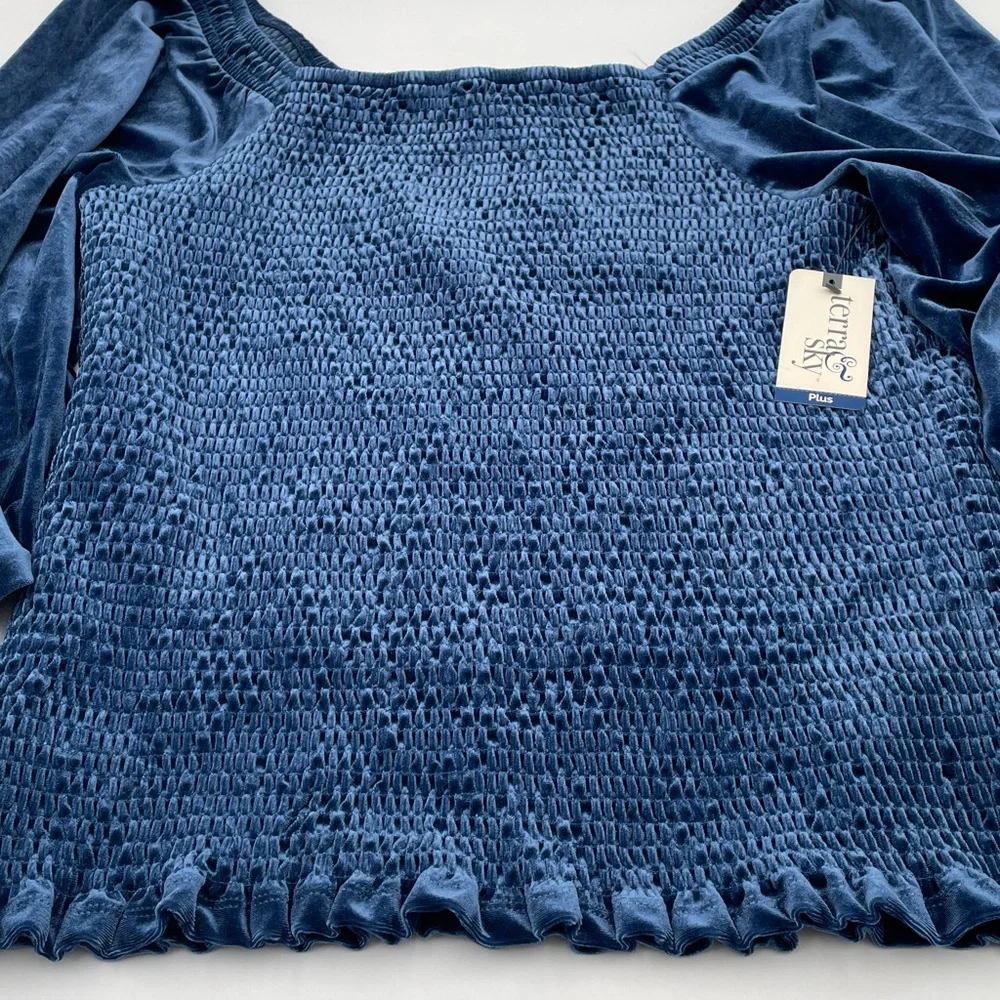 Terra & Sky Elegant Blue Velvet Smocked Square Neckline Top Christmas Plus Size
